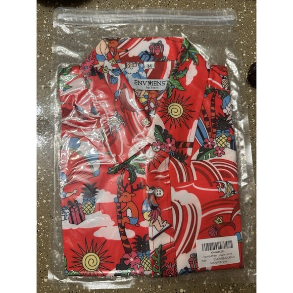 Envmenst Hawaiian Shirt Santa Claus Surfing Palm Trees Red Button Up Medium - Picture 2 of 4